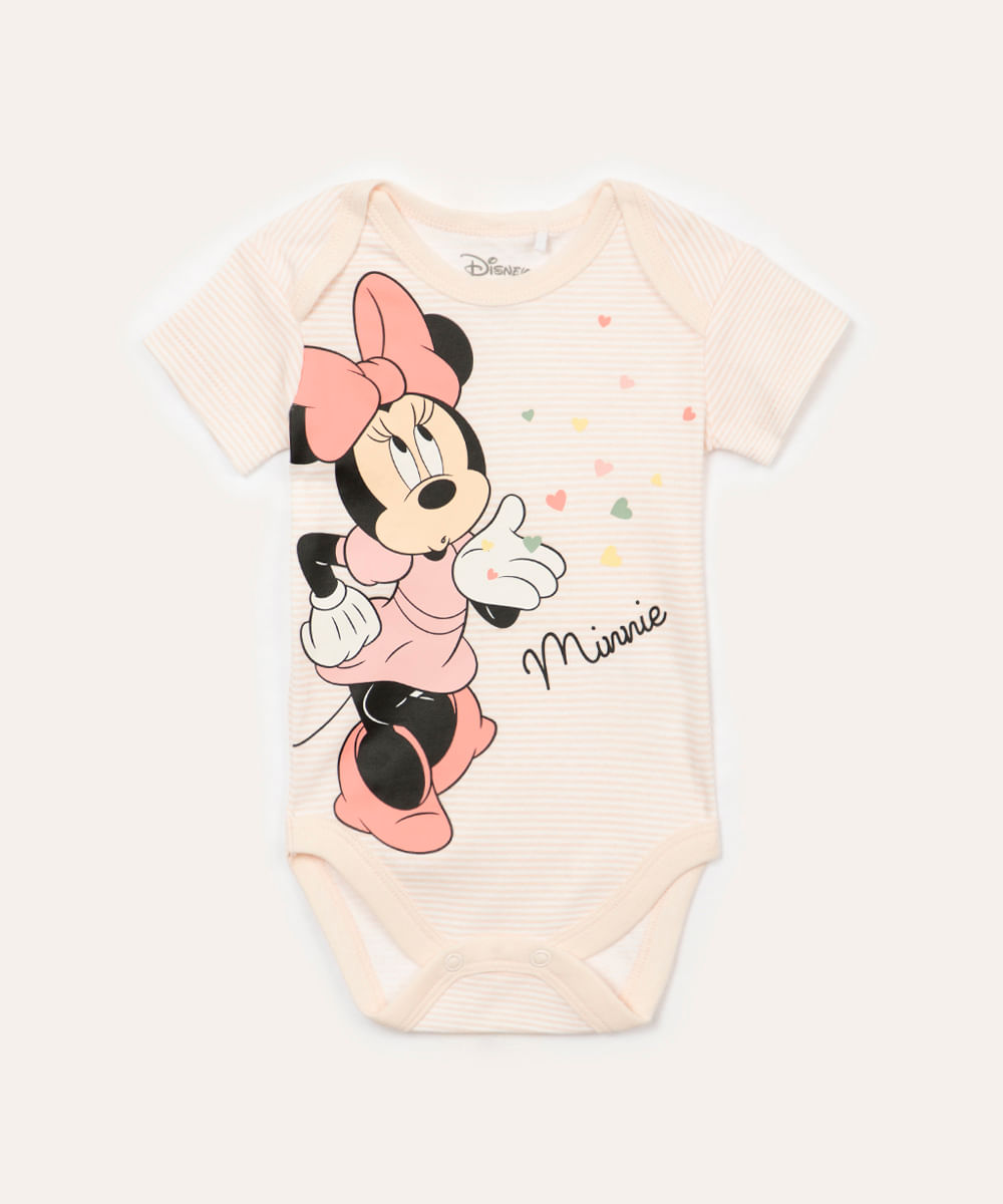 body infantil de algodão manga curta listrada minnie mouse off white