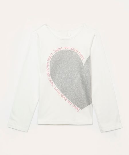 blusa de algodão infantil coração com glitter off white 6