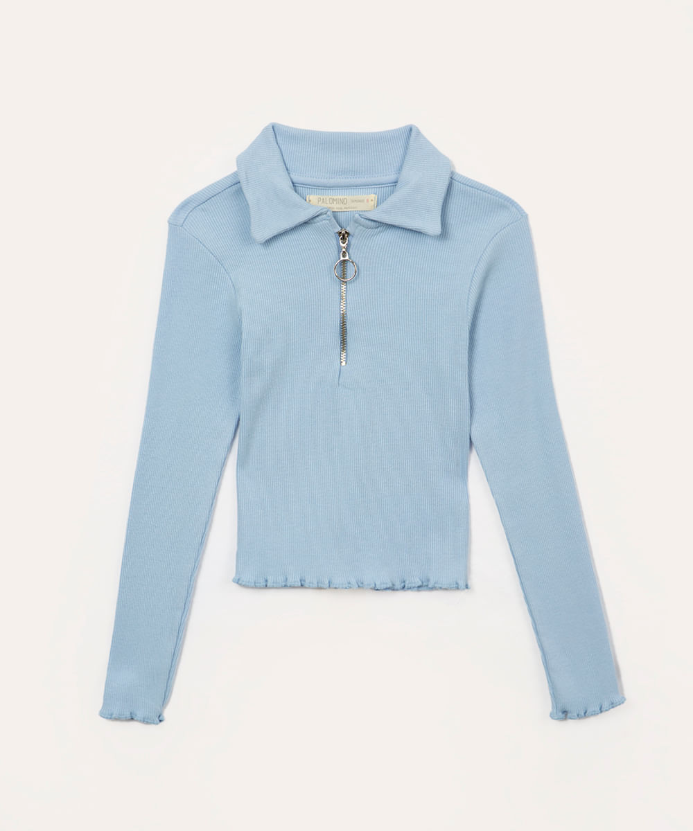 blusa de algodão infantil com zíper azul claro