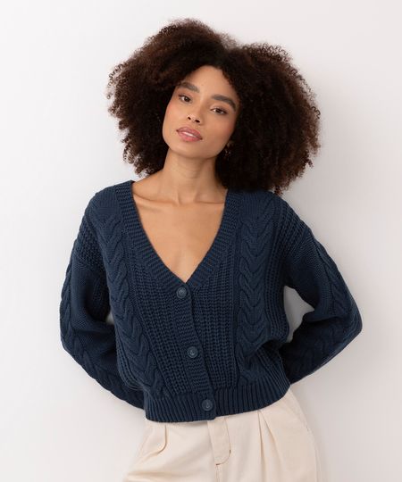 cardigan de tricot com botões azul escuro PP