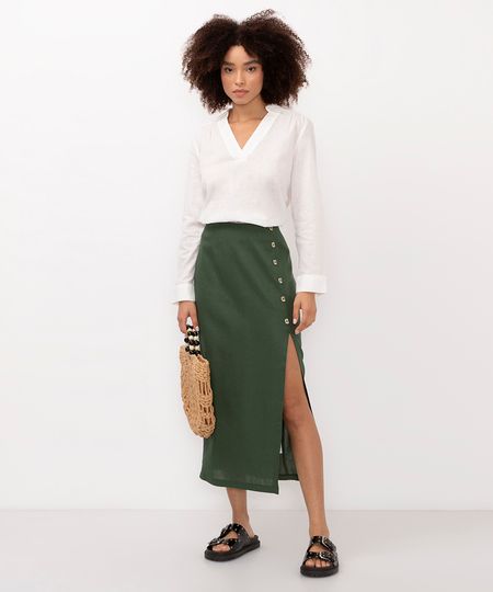 saia midi com linho e fenda verde 40