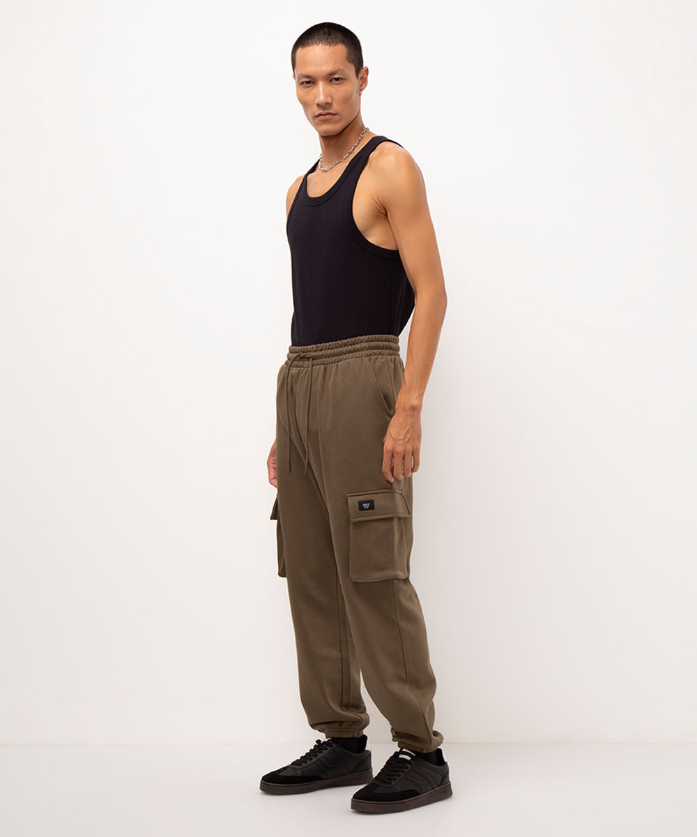 calça de moletom cargo - verde militar