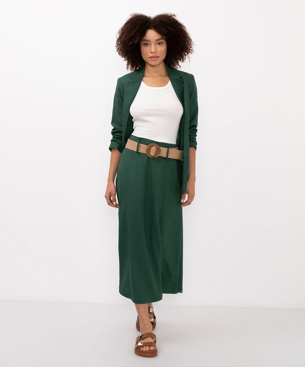 saia midi com linho cintura alta - verde