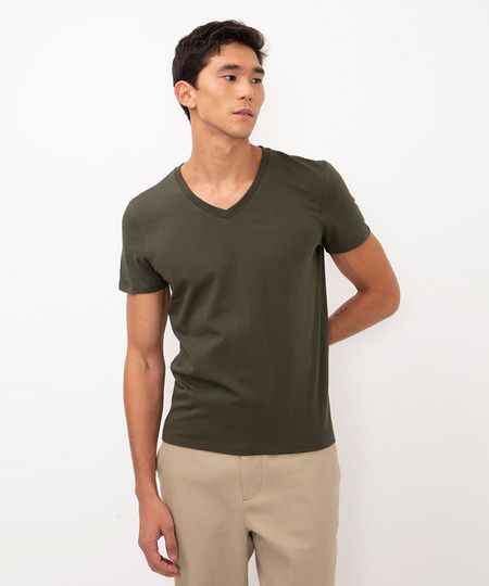 camiseta de algodão gola v verde militar GG