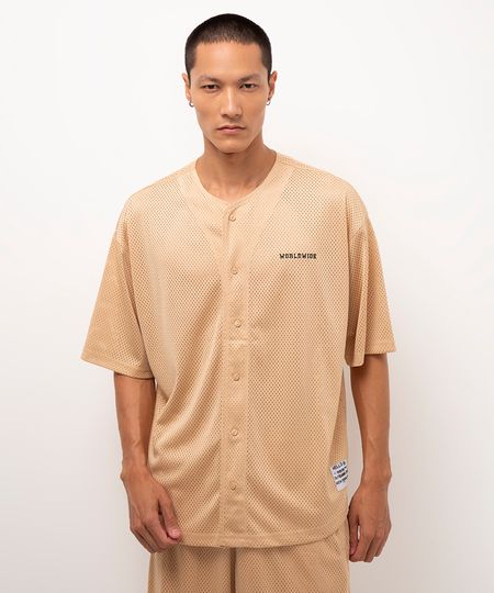 camisa de mesh com botão worldwide bege P