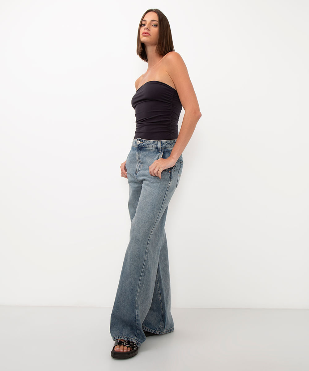 calça jeans wide leg cintura média azul