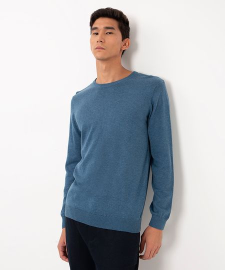 suéter de tricot gola careca azul médio G