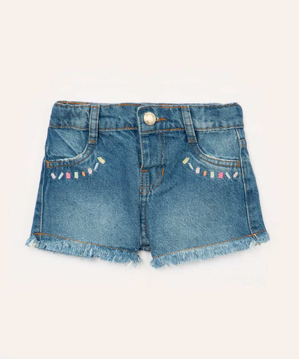 short jeans infantil com bordado azul