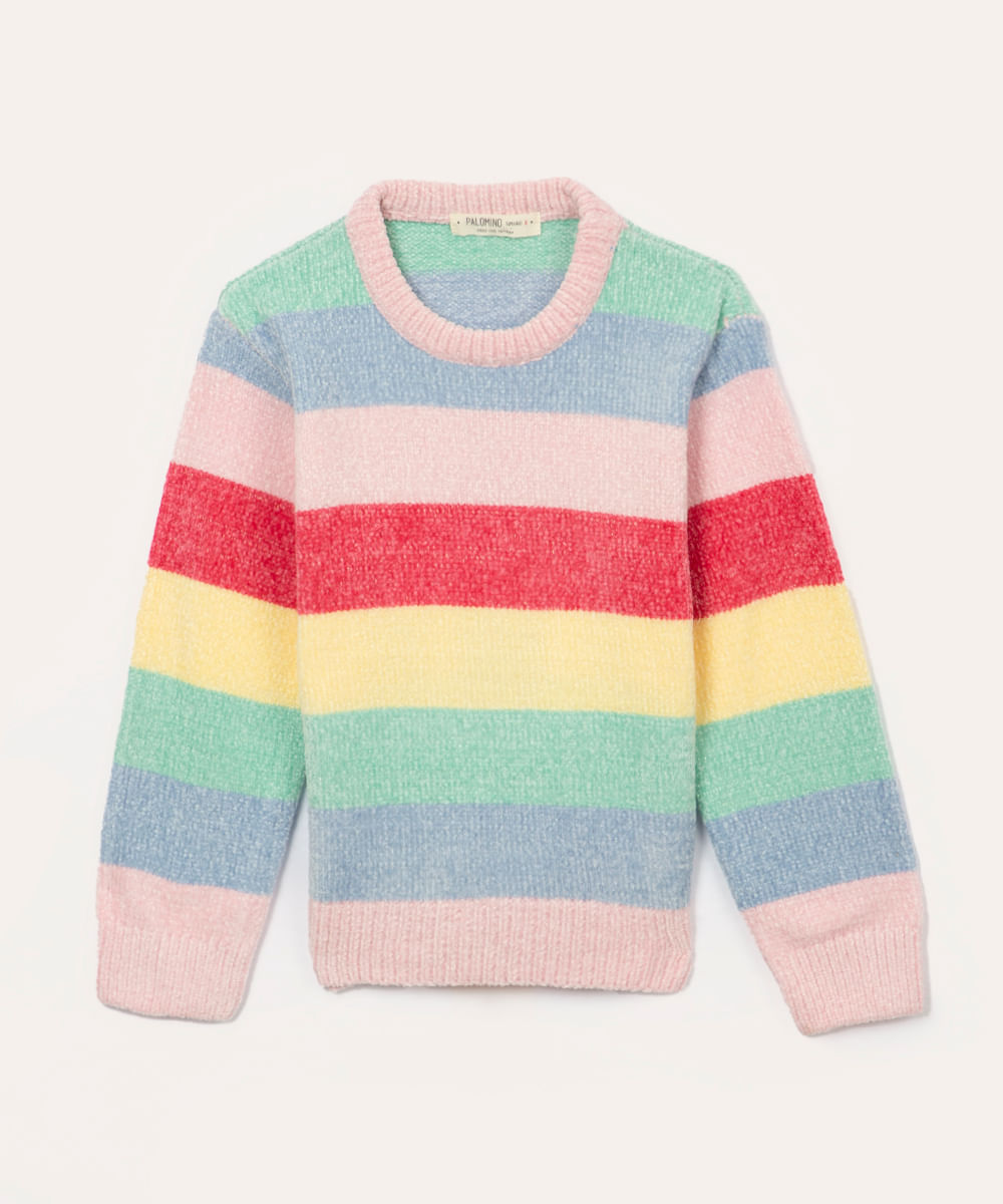 suéter de tricot chenille infantil listrado colorido