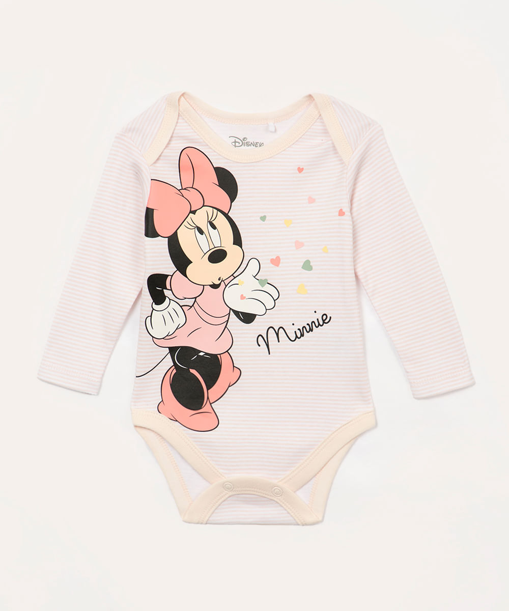 body de algodão infantil minnie listrado manga longa off white