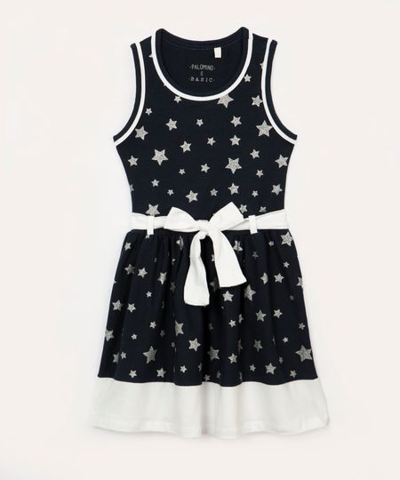 vestido de algodão infantil estrelas com recorte azul marinho 4