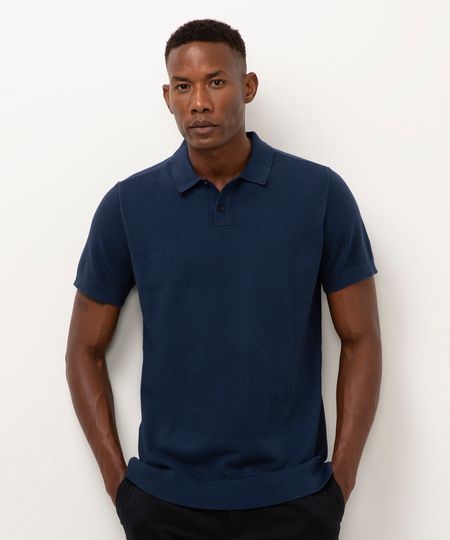 polo de tricot manga curta azul médio P