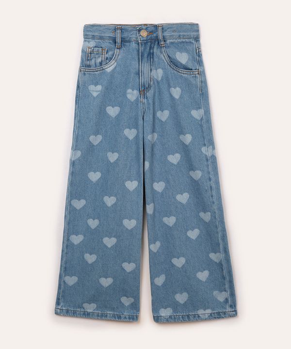 calça jeans wide leg infantil corações azul 6