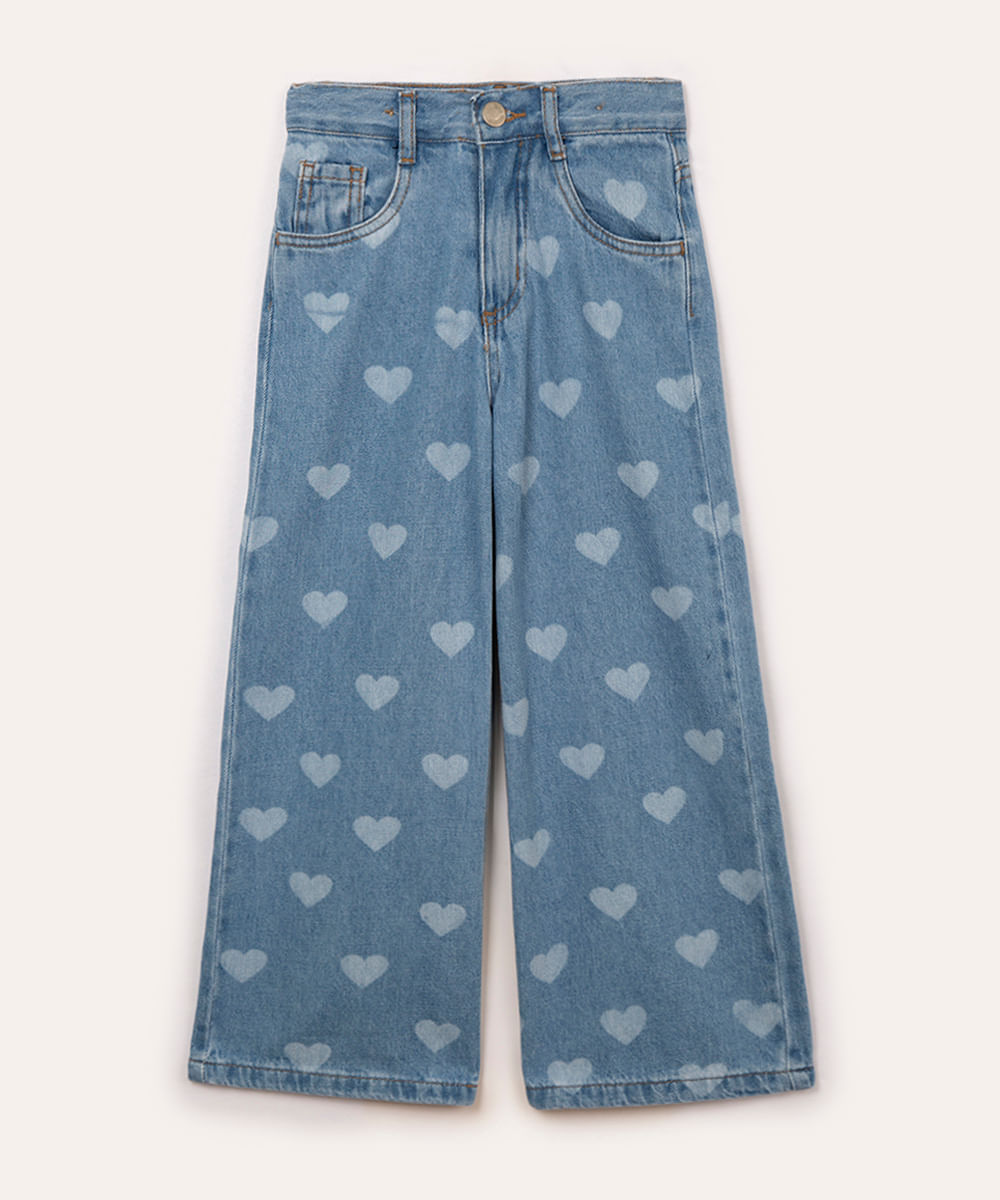 calça jeans wide leg infantil corações azul