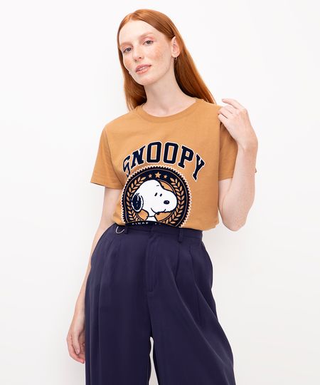 camiseta de algodão snoopy manga curta marrom PP