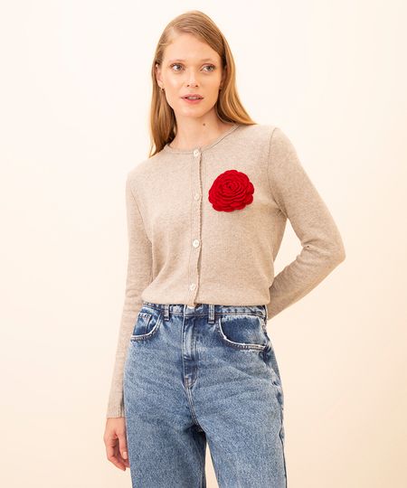 cardigan de tricot flor mindset bege PP cardigan de tricot flor mindset bege PP
