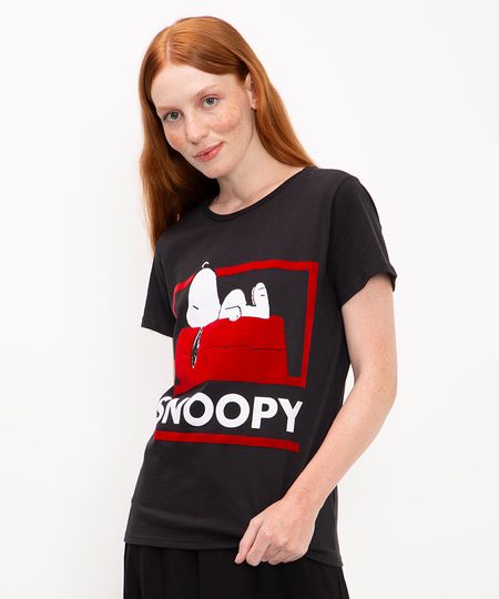 camiseta de algodão snoopy manga curta preto P