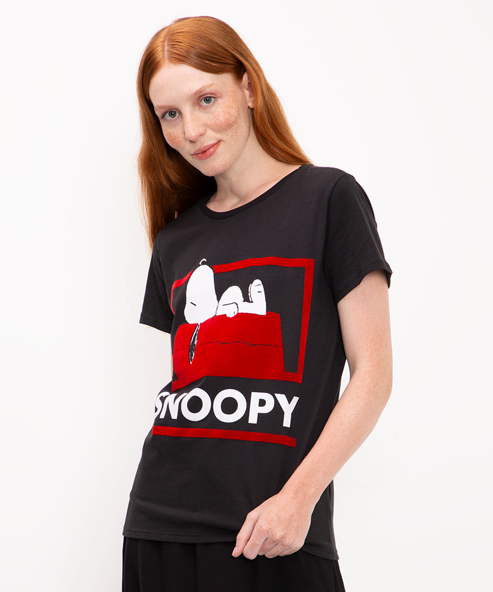 camiseta de algodão snoopy manga curta preto