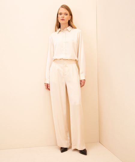 calça wide leg acetinada cintura alta mindset off white 36