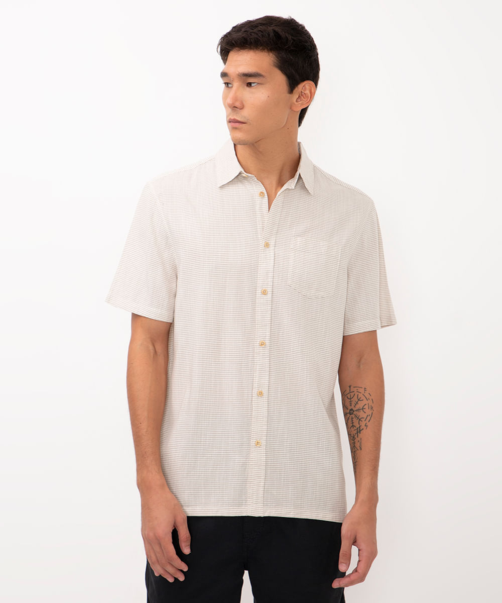 camisa listrada de viscose com linho bege