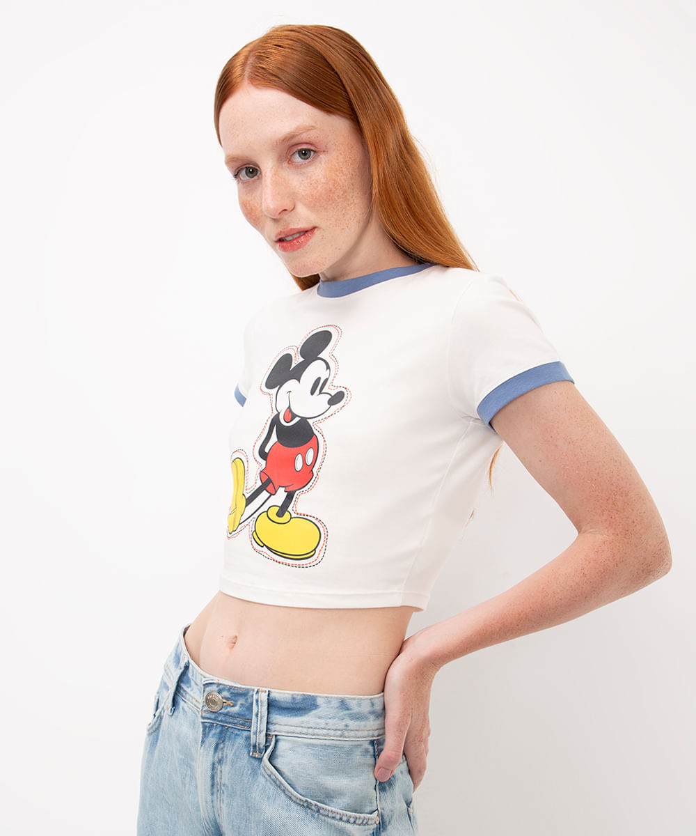 blusa baby look de algodão mickey mouse off white