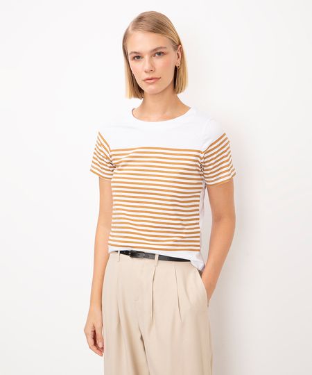 blusa de algodão listrada manga curta marrom PP