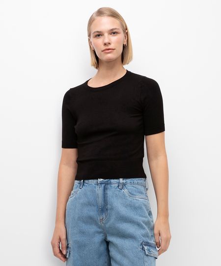 cropped de tricot manga curta preto PP