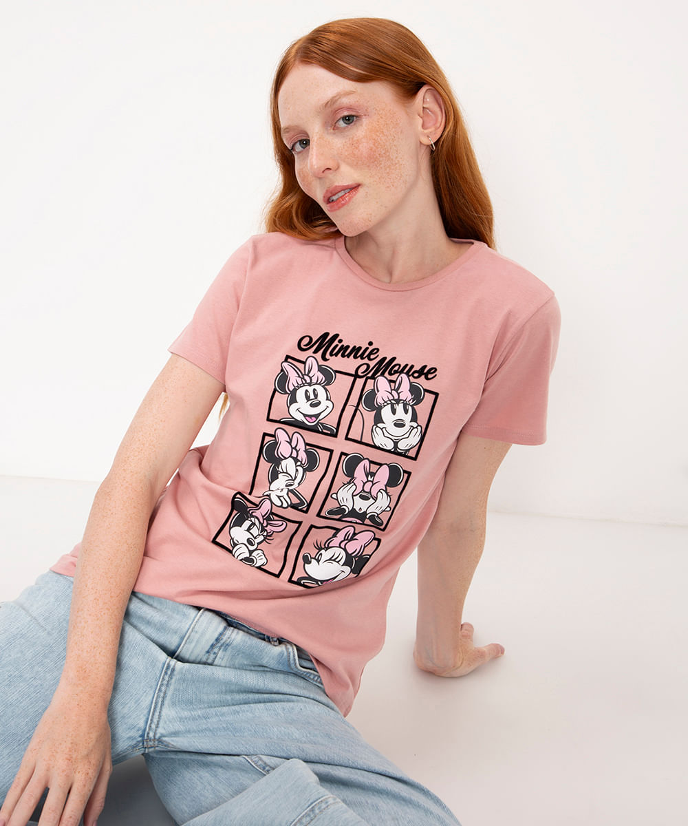 camiseta de algodão manga curta estampada minnie rosa