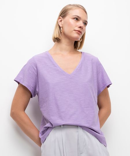 camiseta de algodão peruano decote v - roxo claro G