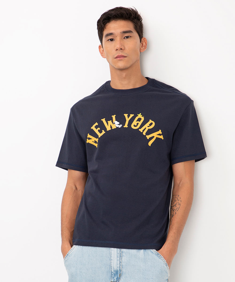 camiseta de algodão manga curta peanuts new york azul