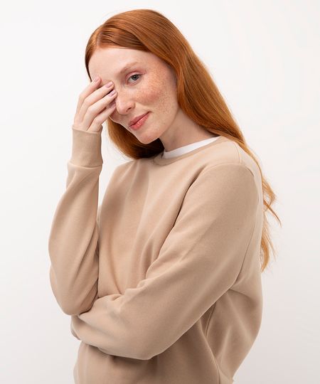 blusa básica feminina de moletom manga longa bege P blusa básica feminina de moletom manga longa bege P