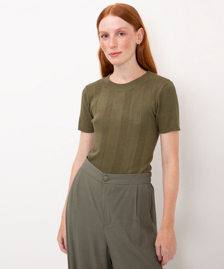 blusa de tricô canelada manga curta verde PP