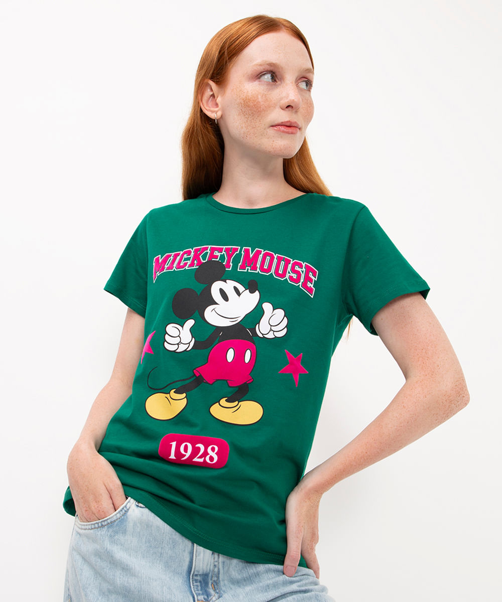 camiseta de algodão estampada mickey mouse verde