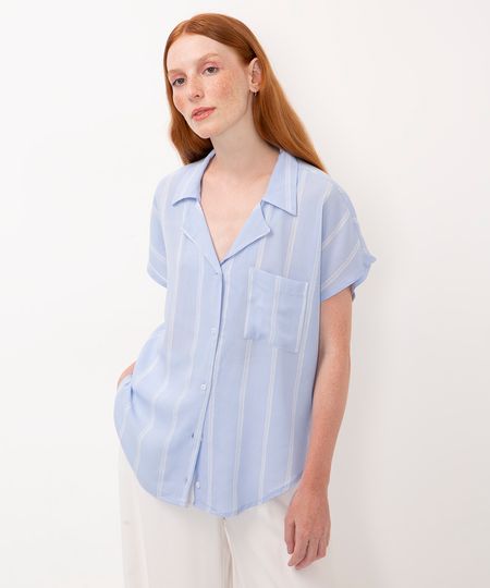 camisa de viscose manga curta com bolso listrada azul claro M