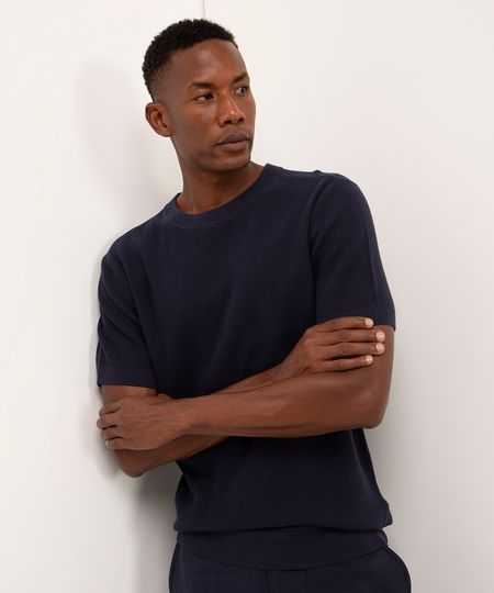 camiseta de tricot manga curta - azul marinho GG camiseta de tricot manga curta - azul marinho GG