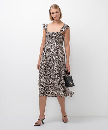 vestido midi de viscose animal print bege M