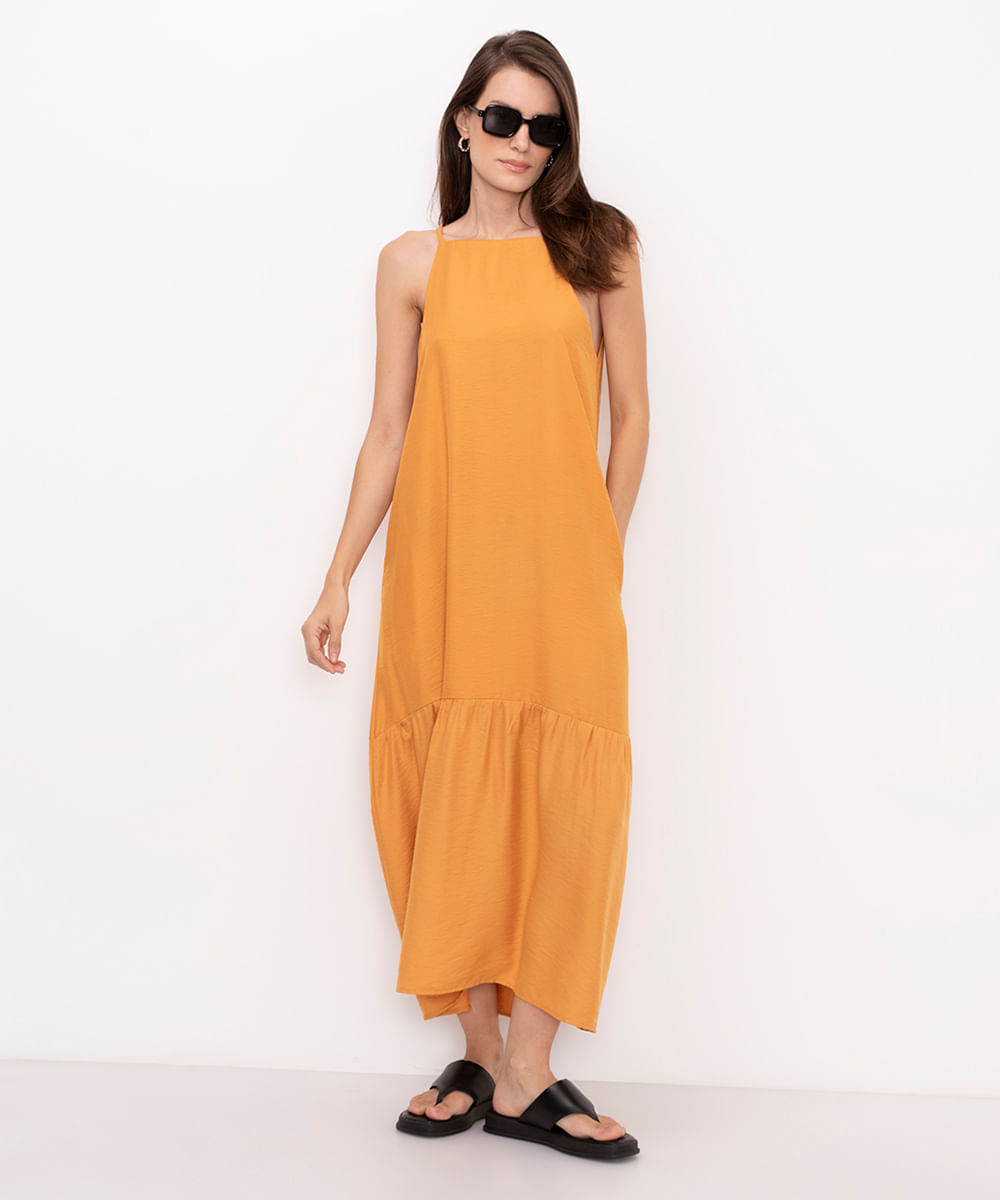 vestido midi de viscose halterneck mostarda