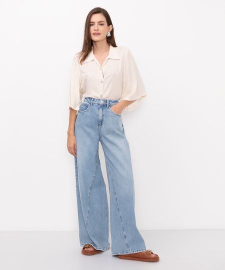 calça jeans super wide com recorte cintura super alta azul 38