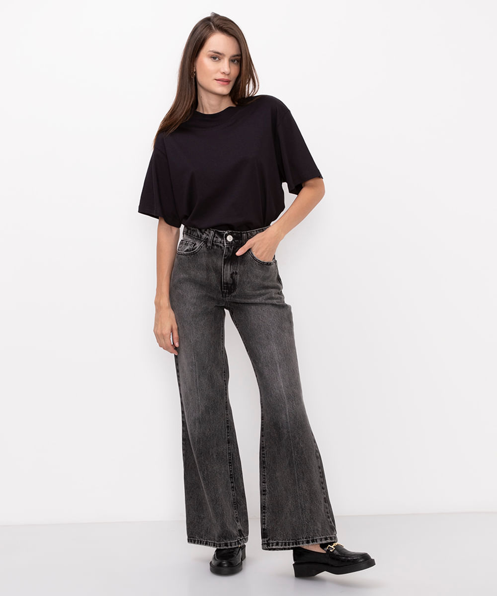 calça jeans flare cintura alta preta