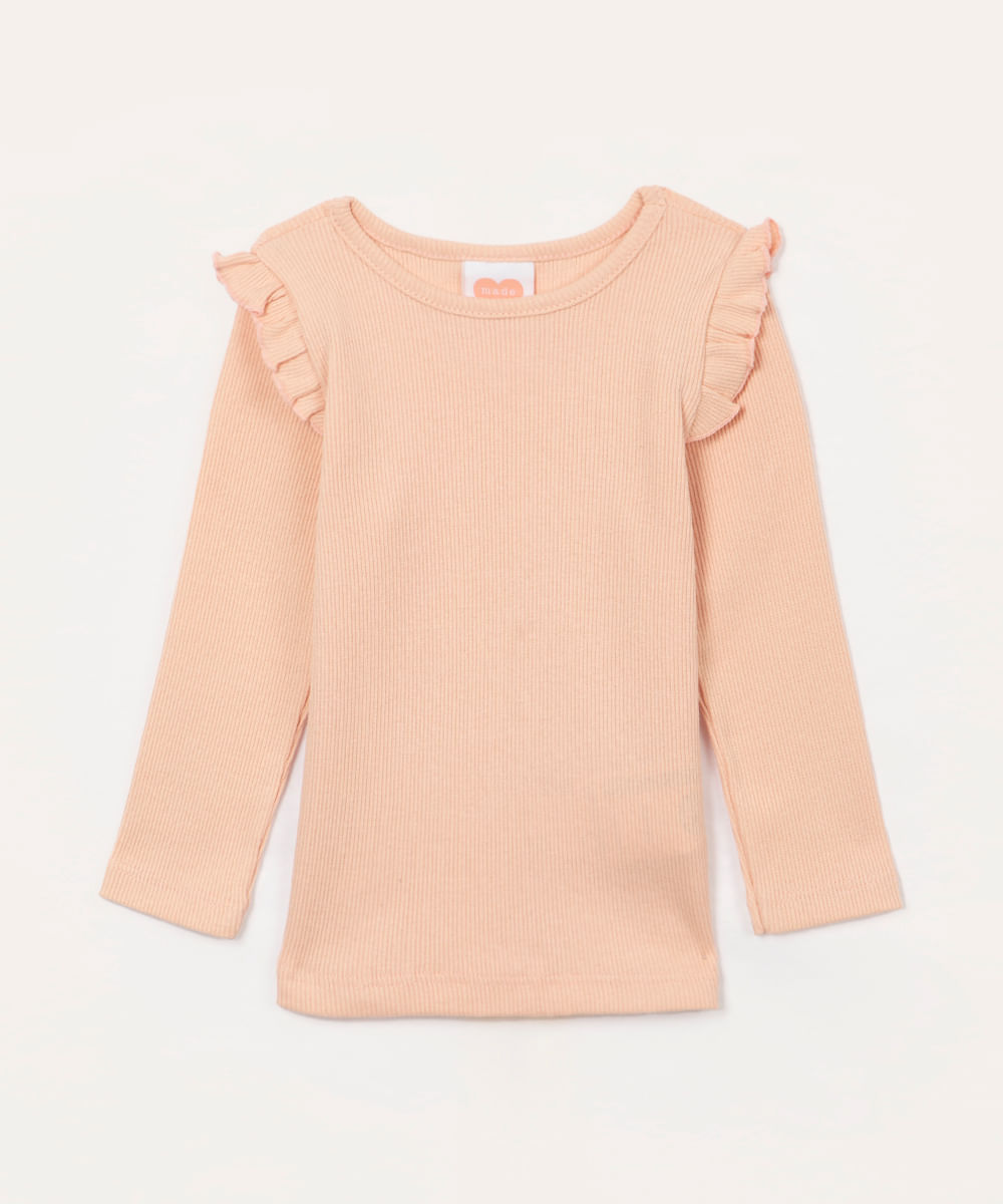 blusa infantil manga longa babado rosa claro