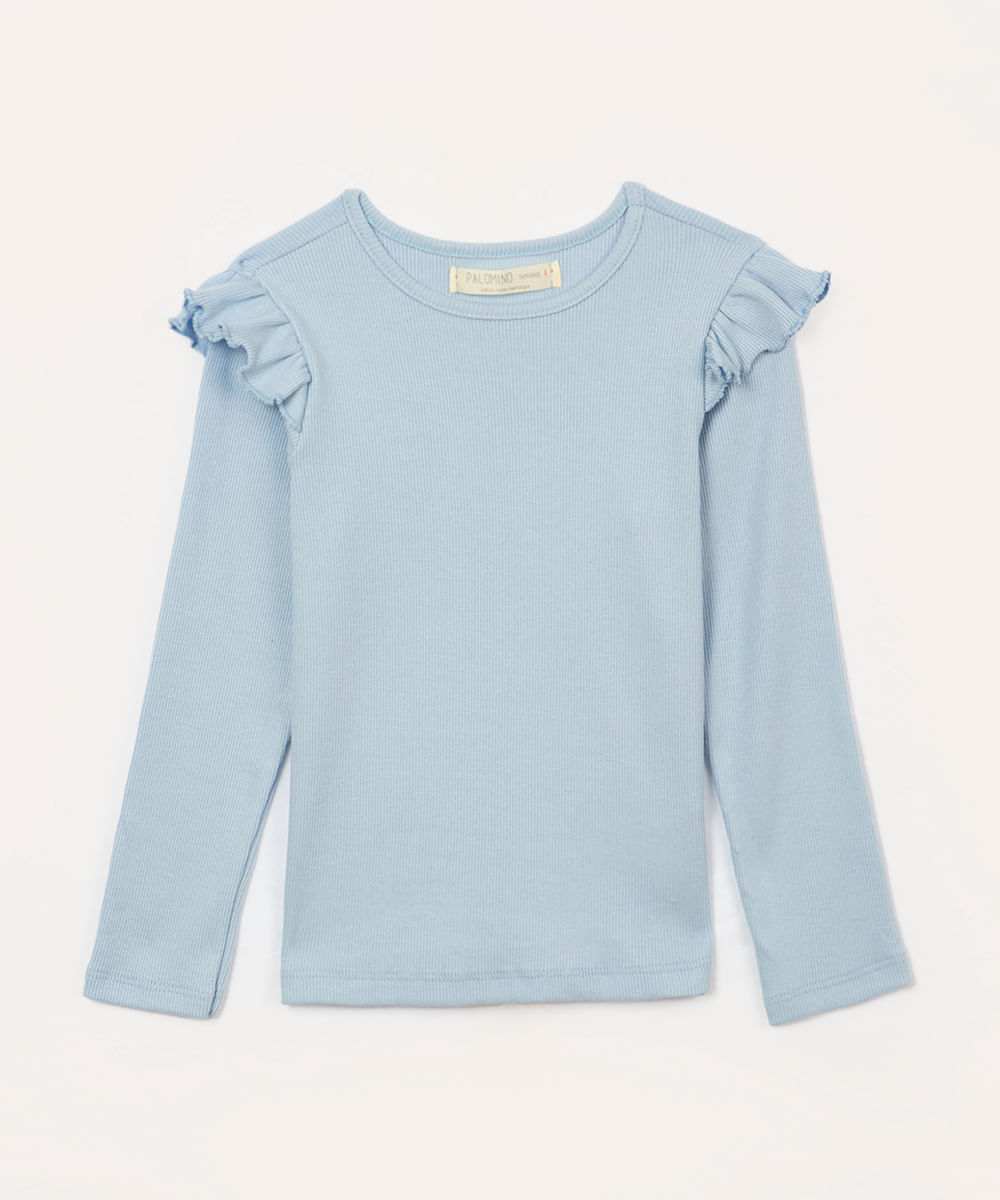 blusa infantil manga longa babado azul claro