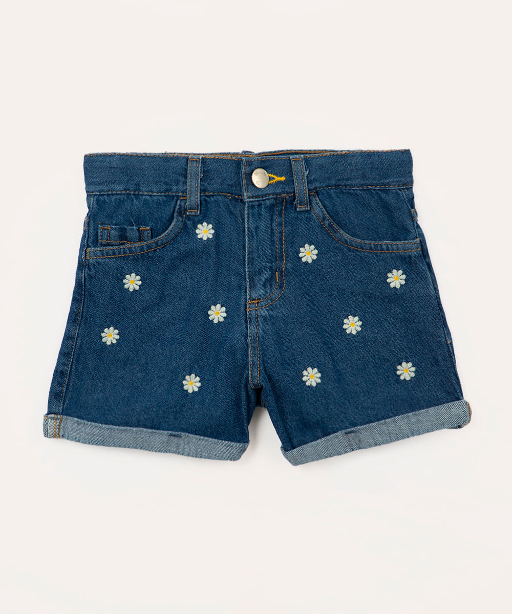 short jeans infatil bordado margarida azul escuro