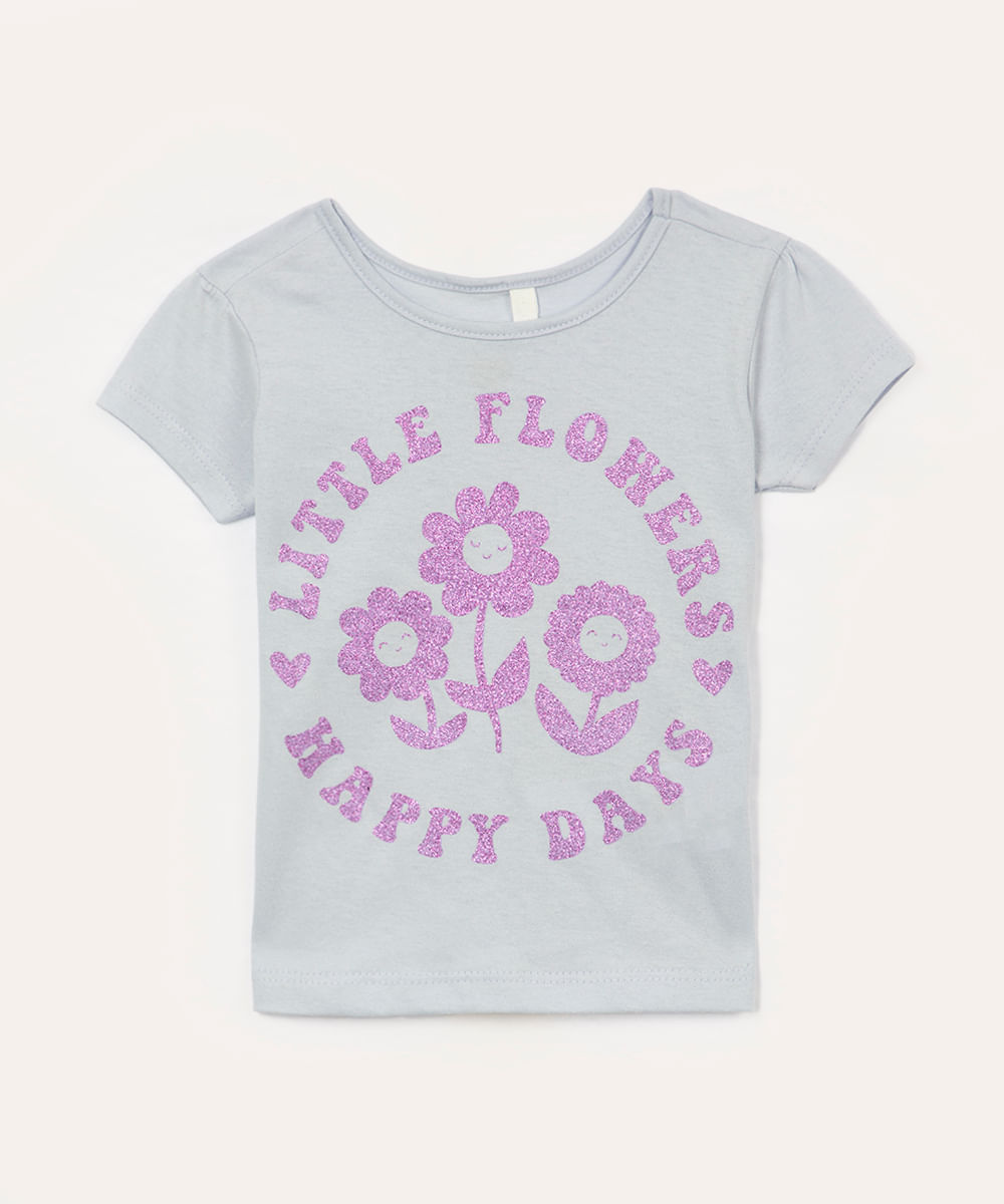 blusa infantil manga curta little flowers azul claro