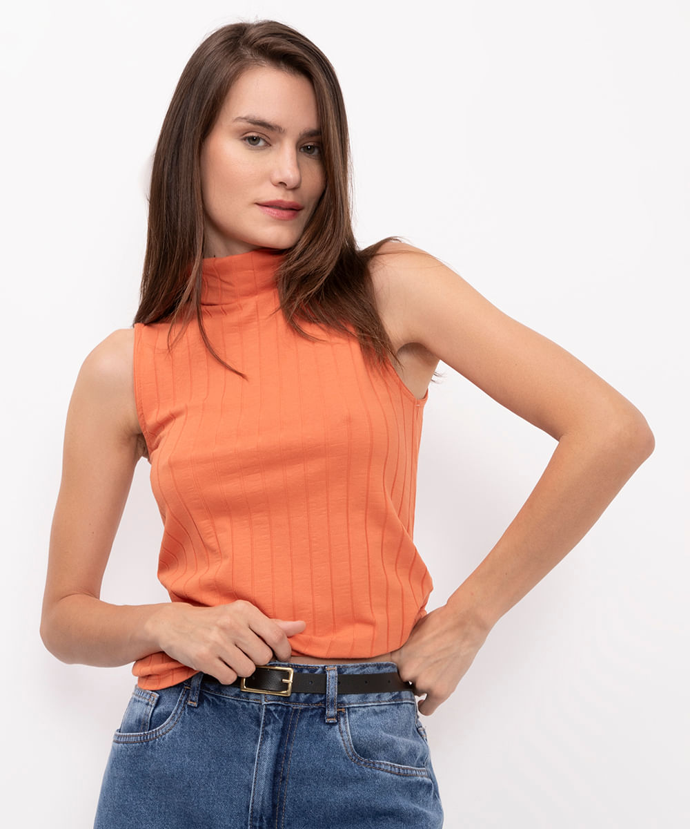 blusa canelada gola alta laranja