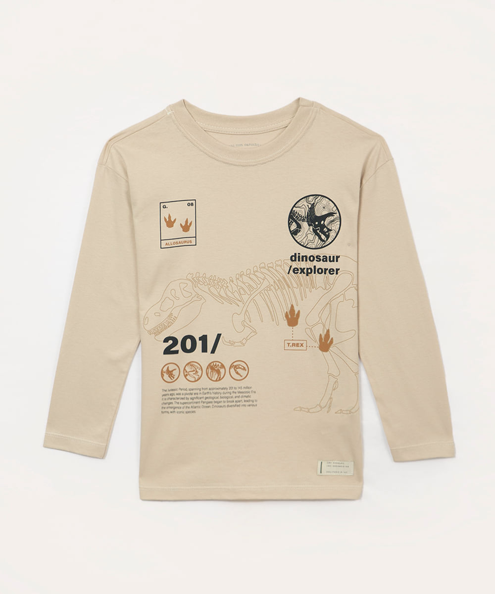 camiseta de algodão infantil manga longa dinossauro bege