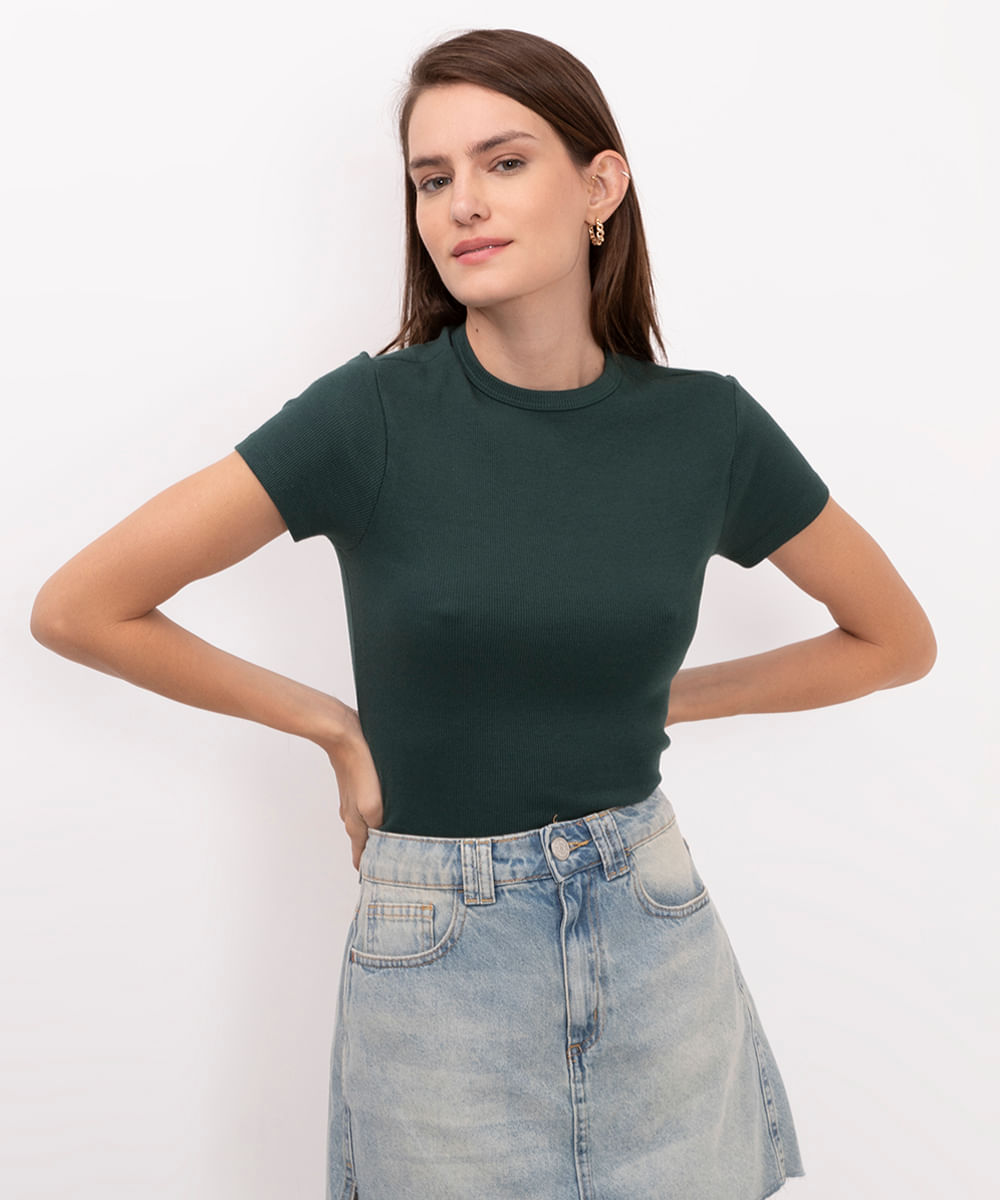 blusa de algodão canelada manga curta verde escuro