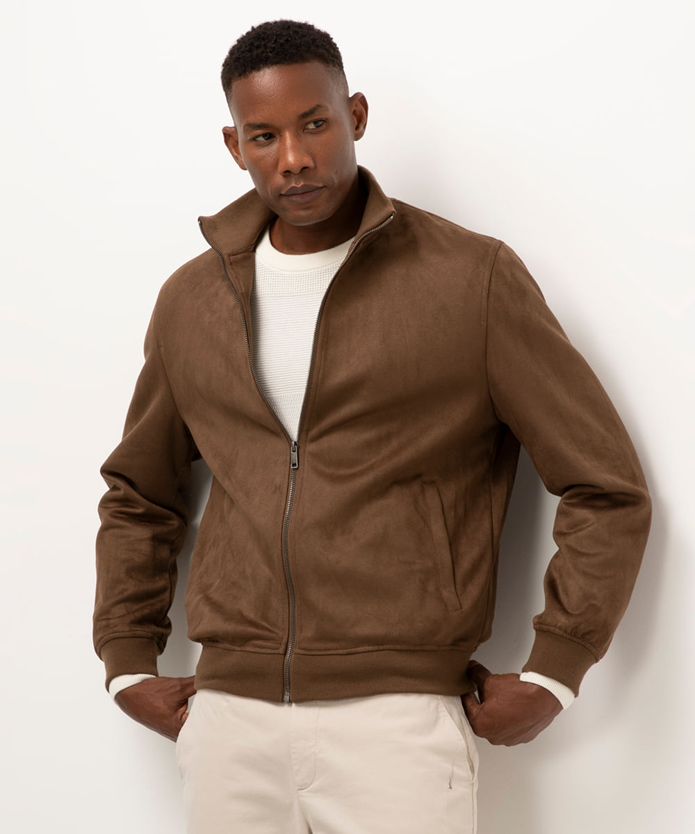 jaqueta bomber em suede marrom