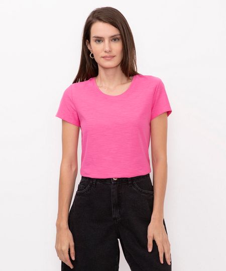 blusa de flamê básica manga curta decote redondo rosa PP
