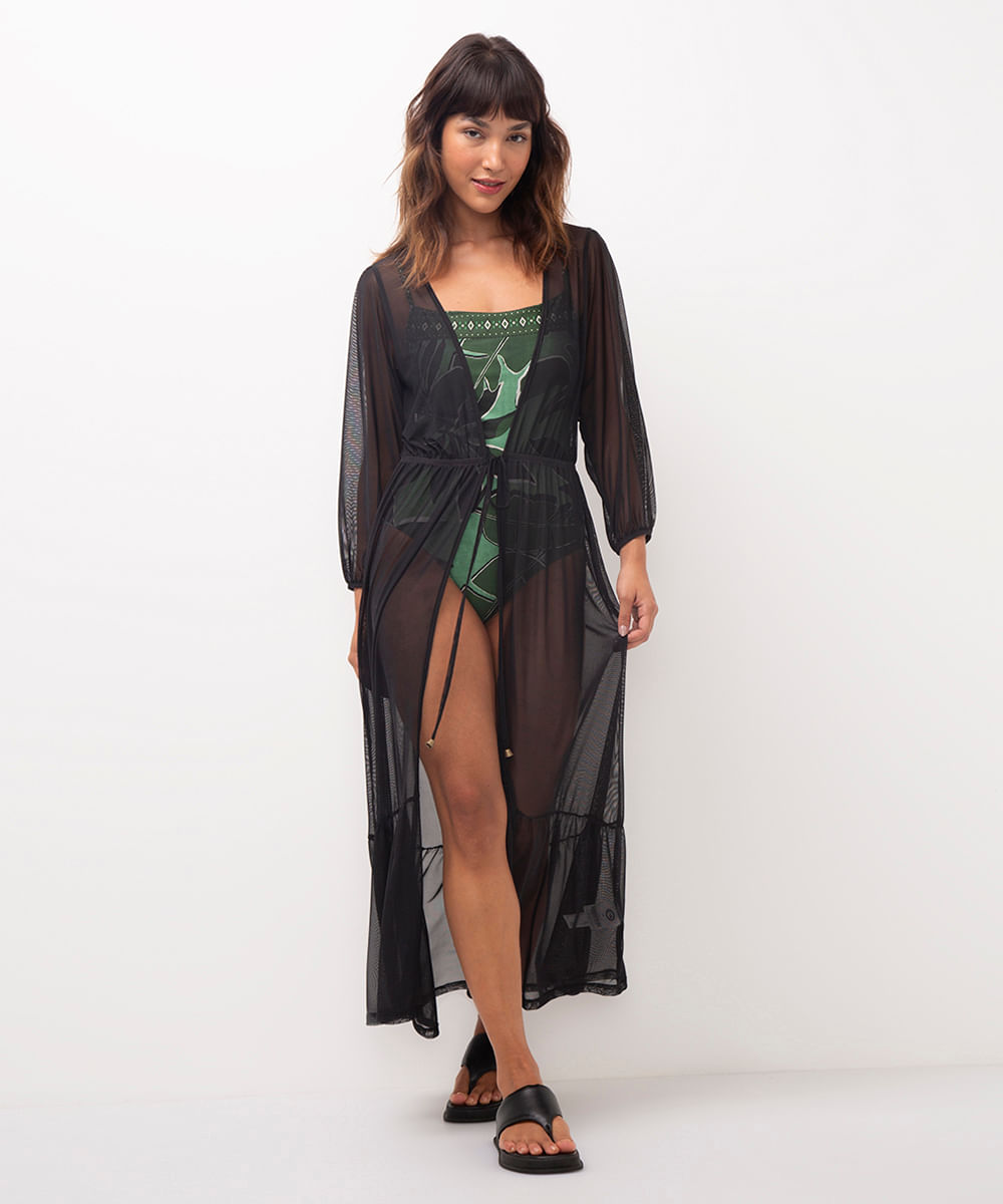 kaftan de tule longo preto