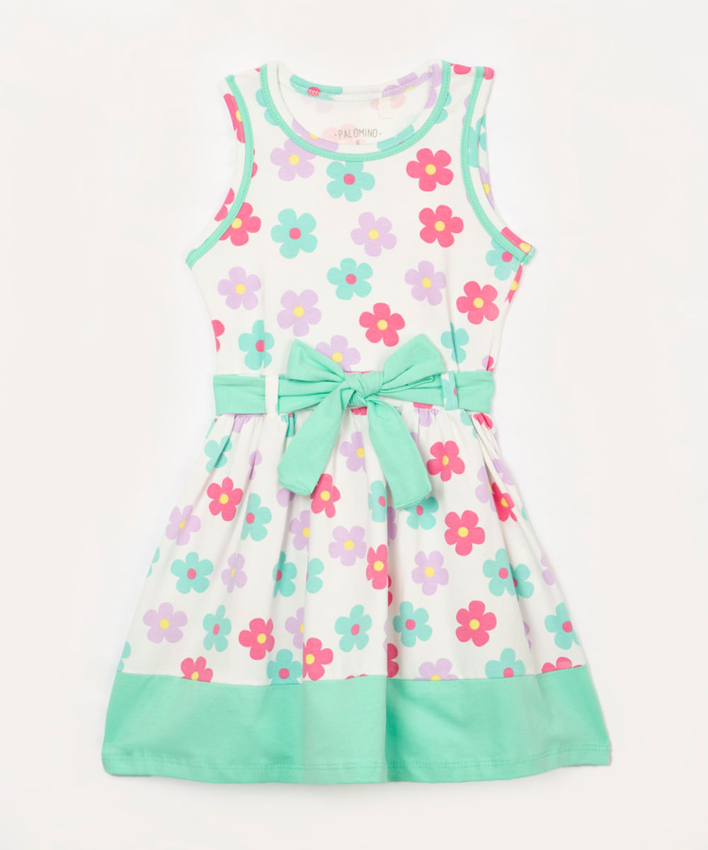 vestido infantil floral com cinto laço off white